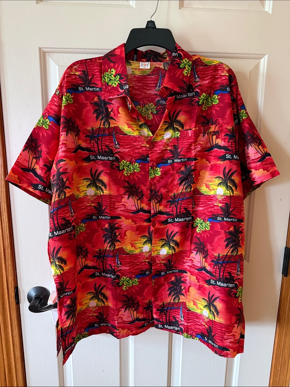 St. Maarten Red Tropical Print Short Sleeve Button-Down Shirt